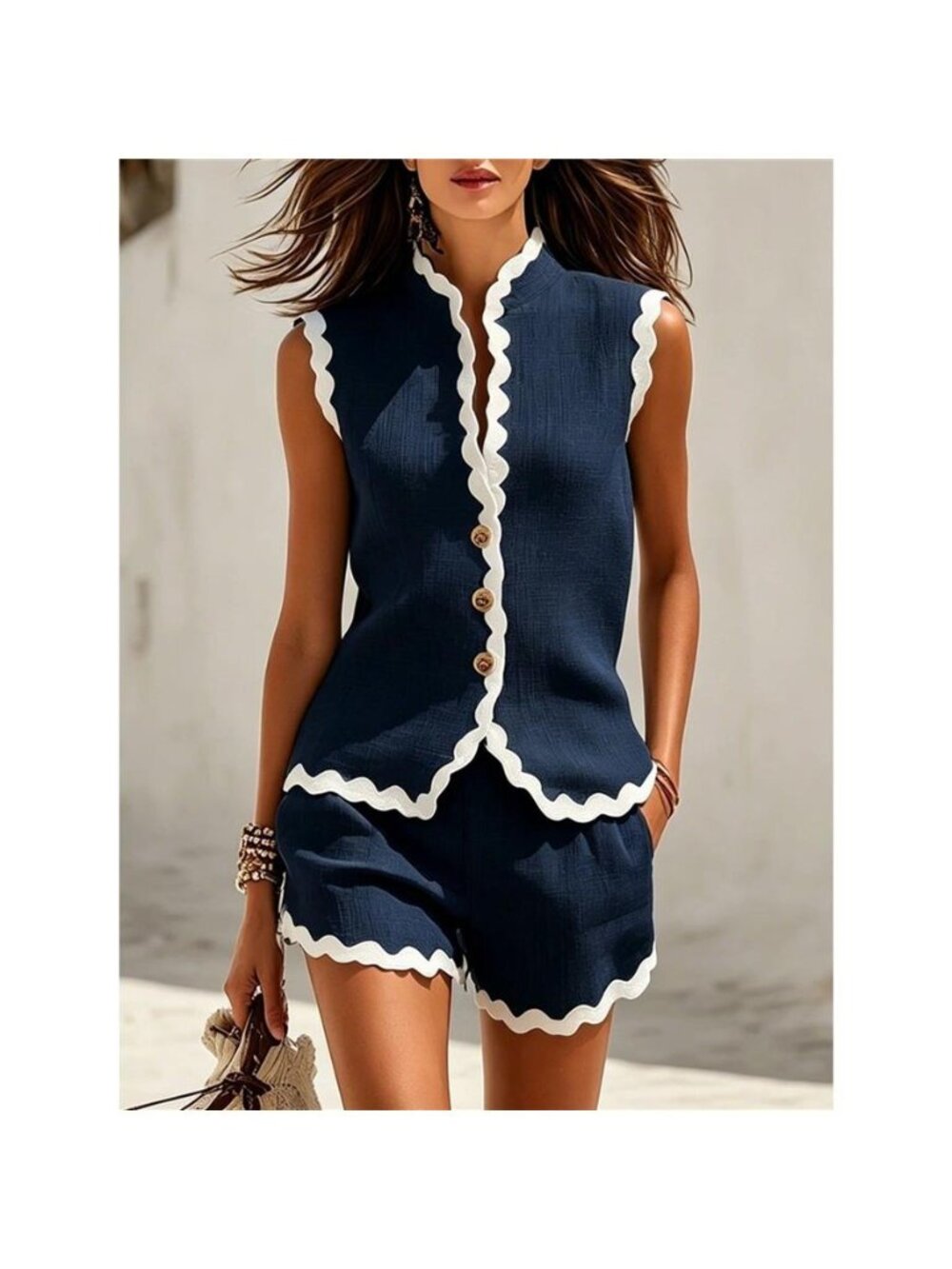 Full Size Contrast Scalloped Trim Sleeveless Top and Shorts Set Plus Size